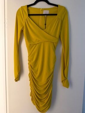 Elegant Yellow cinq a sept Long-Sleeve Ruched Bodycon Dress